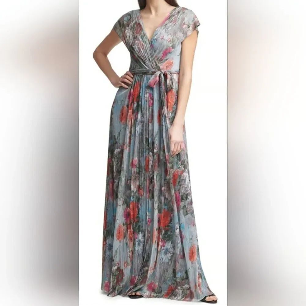 Eliza j metallic floral drape shoulder gown NWOT Size 2 Blue Multi-Color